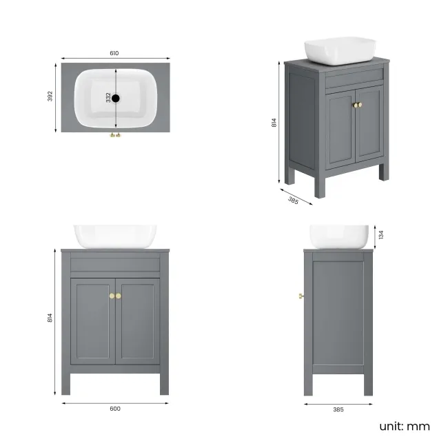Bermuda Dove Grey Vanity with Curved Counter Top Basin 600mm - Brushed Brass Accents