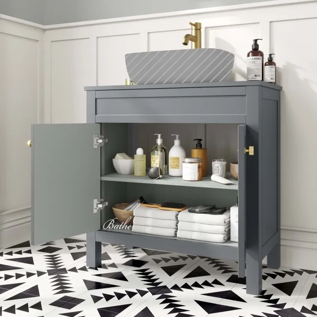 Bermuda Dove Grey Cabinet 800mm Excludes Counter Top Basin - Brushed Brass Accents