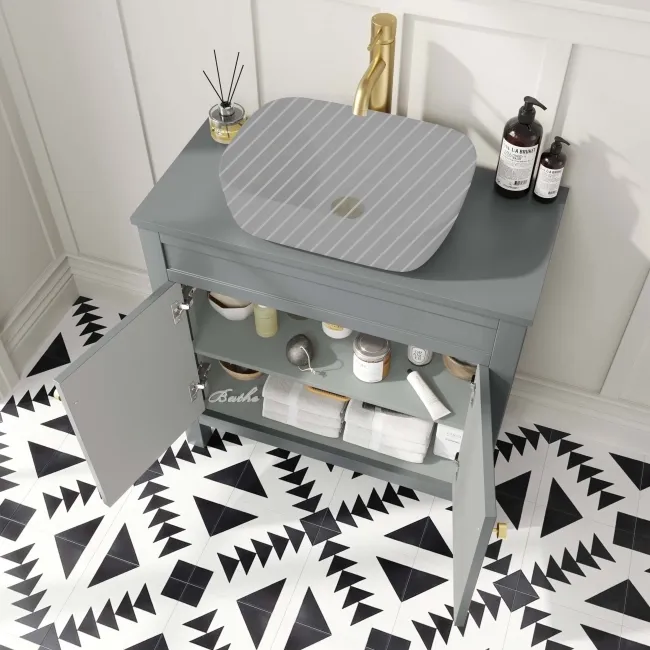 Bermuda Dove Grey Cabinet 800mm Excludes Counter Top Basin - Brushed Brass Accents