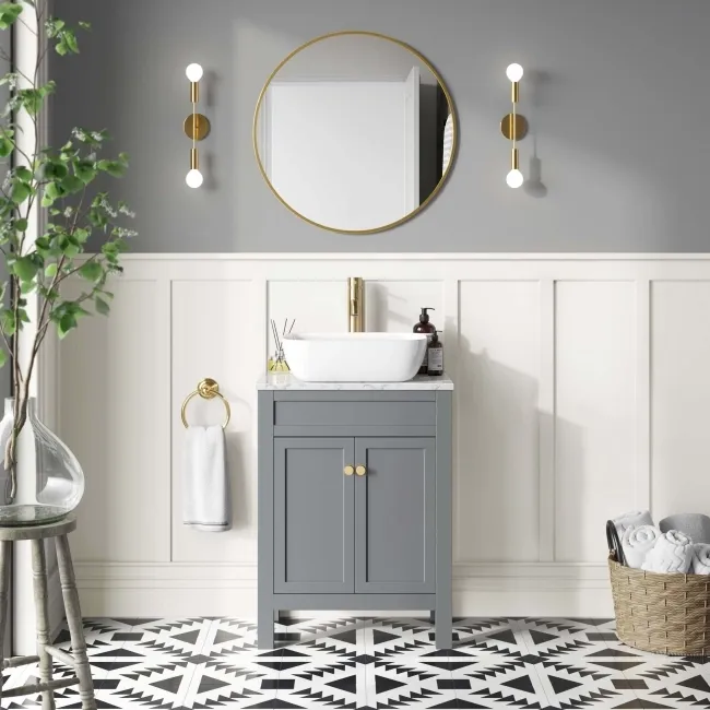 Bermuda Dove Grey Vanity with Marble Top & Curved Counter Top Basin 600mm - Brushed Brass Accents