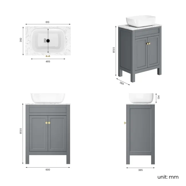 Bermuda Dove Grey Vanity with Marble Top & Curved Counter Top Basin 600mm - Brushed Brass Accents
