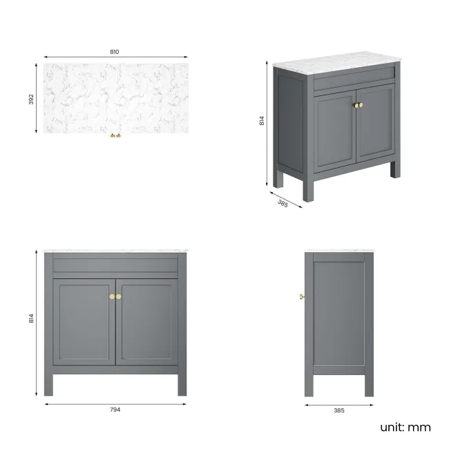 Bermuda Dove Grey Cabinet with Marble Top 800mm Excludes Counter Top Basin - Brushed Brass Accents