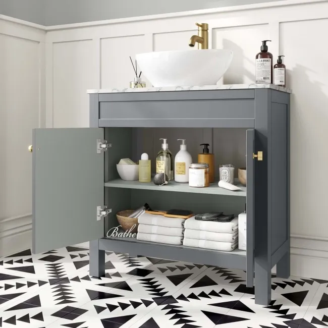 Bermuda Dove Grey Vanity with Marble Top & Oval Counter Top Basin 800mm - Brushed Brass Accents