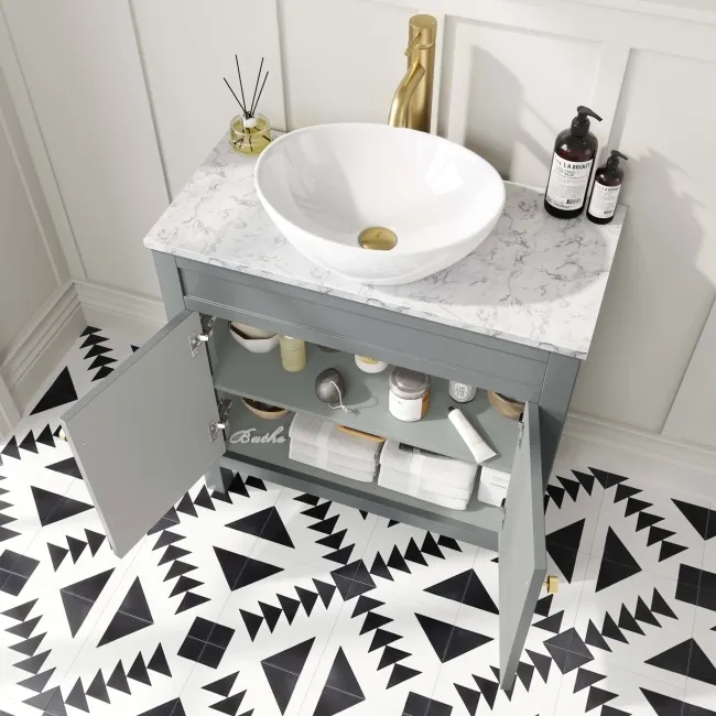 Bermuda Dove Grey Vanity with Marble Top & Oval Counter Top Basin 800mm - Brushed Brass Accents