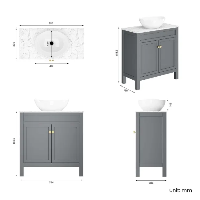 Bermuda Dove Grey Vanity with Marble Top & Oval Counter Top Basin 800mm - Brushed Brass Accents