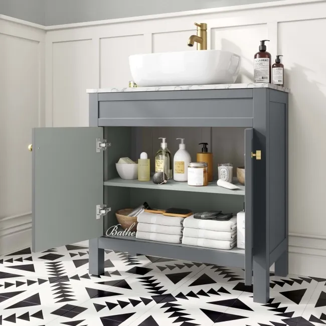 Bermuda Dove Grey Vanity with Marble Top & Curved Counter Top Basin 800mm - Brushed Brass Accents