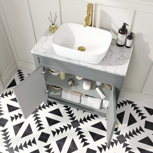 Bermuda Dove Grey Vanity with Marble Top & Curved Counter Top Basin 800mm - Brushed Brass Accents