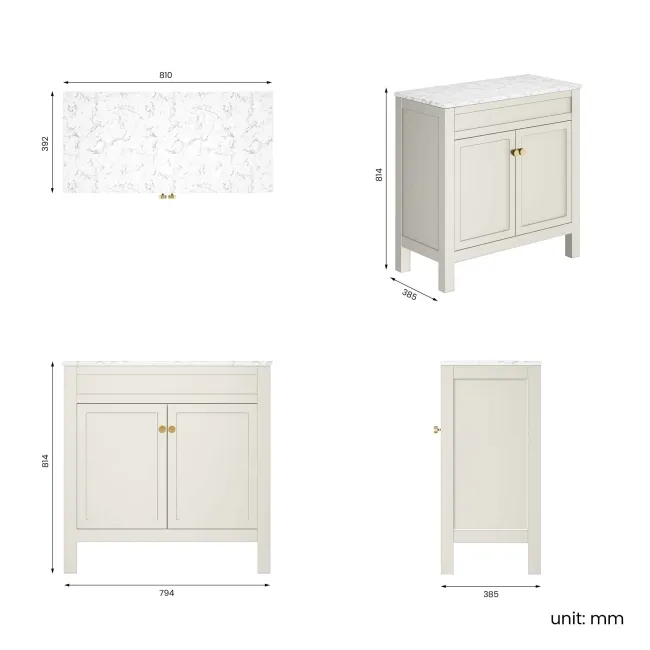 Bermuda Chalk White Cabinet with Marble Top 800mm Excludes Counter Top Basin - Brushed Brass Accents