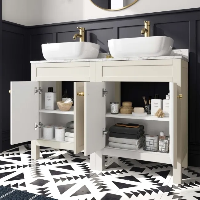 Bermuda Chalk White with Marble Top & Curved Counter Top Basin 1200mm - Brushed Brass Accents