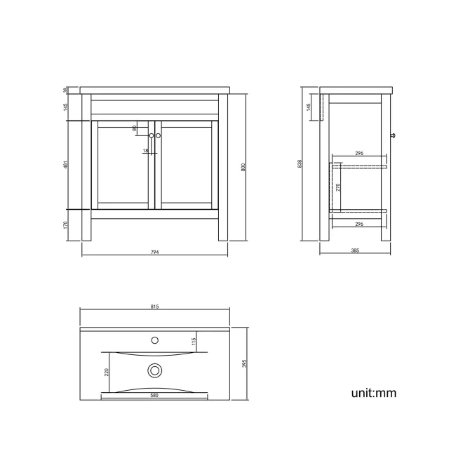 Bermuda Graphite Grey Basin Vanity 800mm - Brushed Brass Accents