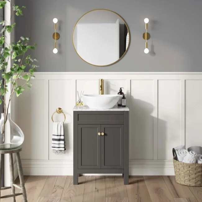 Bermuda Graphite Grey Vanity with Marble Top & Oval Counter Top Basin 600mm - Brushed Brass Accents