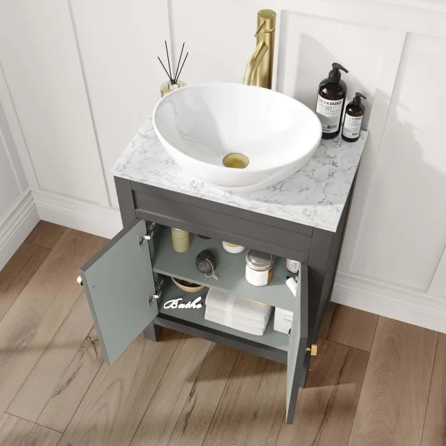 Bermuda Graphite Grey Vanity with Marble Top & Oval Counter Top Basin 600mm - Brushed Brass Accents