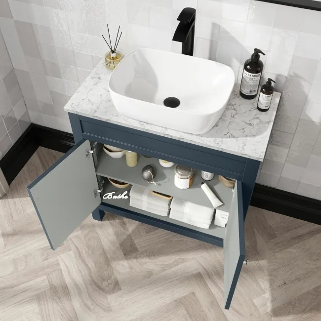 Bermuda Inky Blue Vanity with Marble Top & Curved Counter Top Basin 800mm