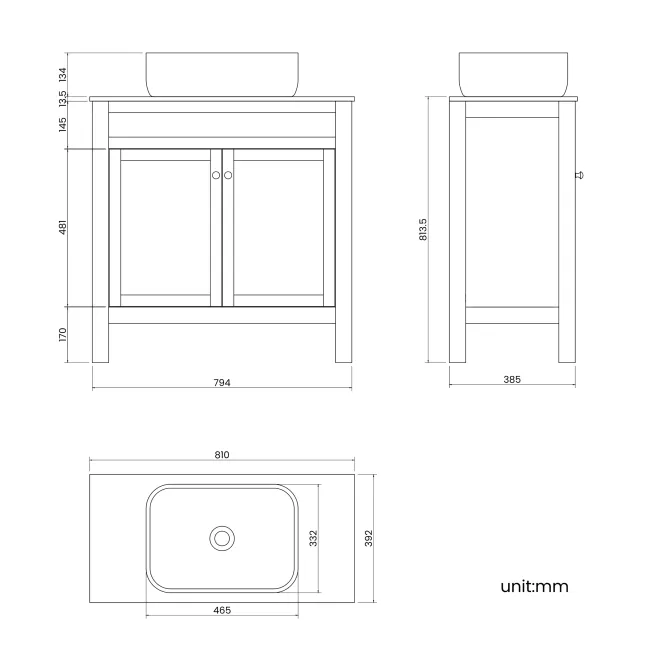 Bermuda Inky Blue Vanity with Marble Top & Curved Counter Top Basin 800mm - Brushed Brass Accents
