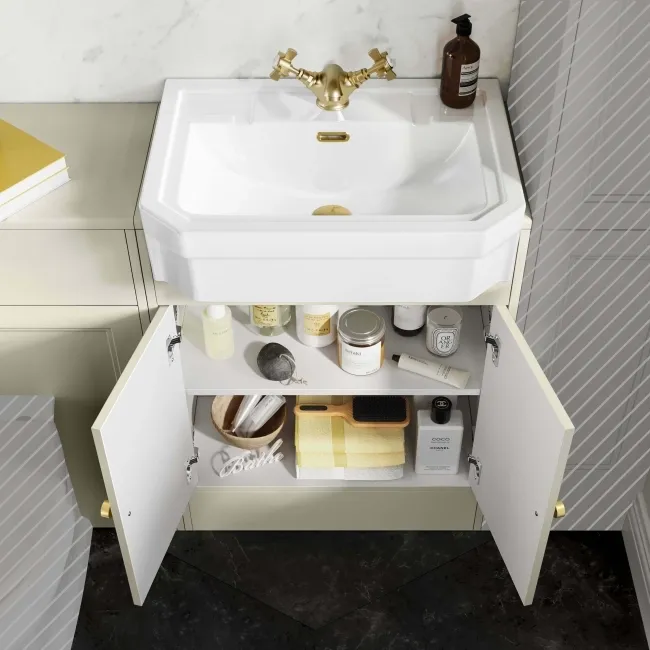 Monaco Chalk White Traditional Basin Vanity and Back To Wall Unit 1200mm (Excludes Pan & Cistern) - Brushed Brass Accents
