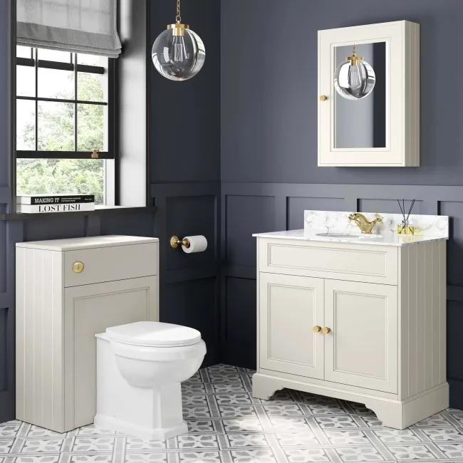 Lucia Chalk White Vanity with Marble Top & Undermount Basin 830mm - Brushed Brass Accents