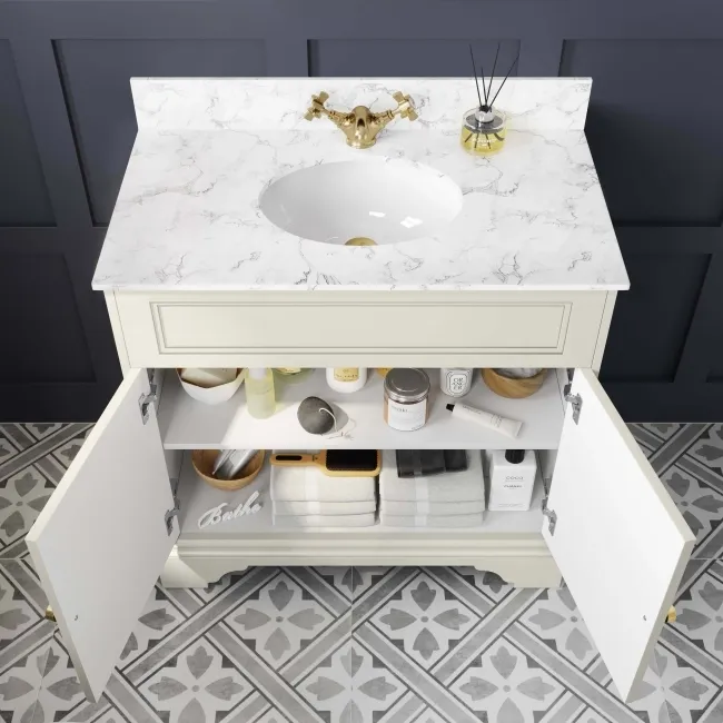 Lucia Chalk White Vanity with Marble Top & Undermount Basin 830mm - Brushed Brass Accents