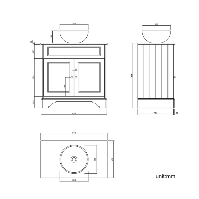 Lucia Chalk White Vanity with Oak Effect Top & Round Counter Top Basin 840mm - Brushed Brass Accents