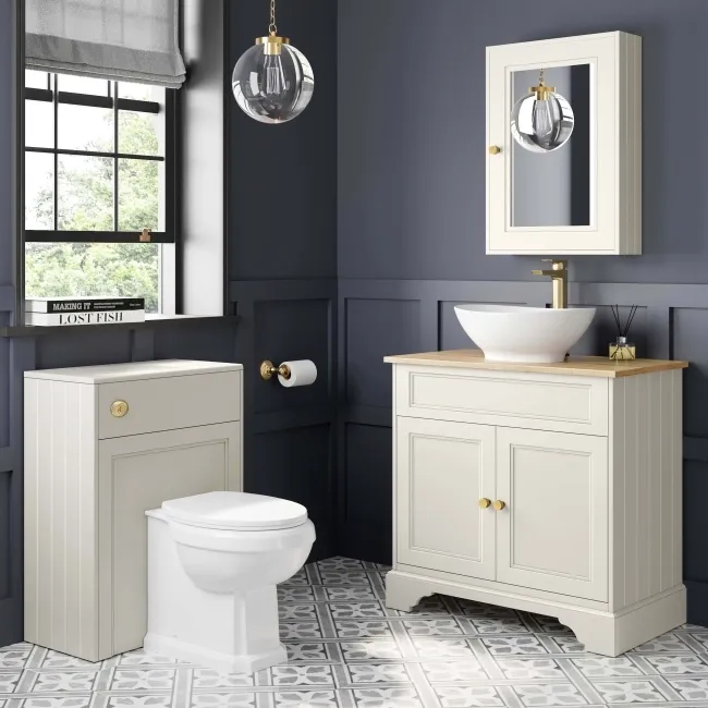 Lucia Chalk White Vanity with Oak Effect Top & Oval Counter Top Basin 840mm - Brushed Brass Accents