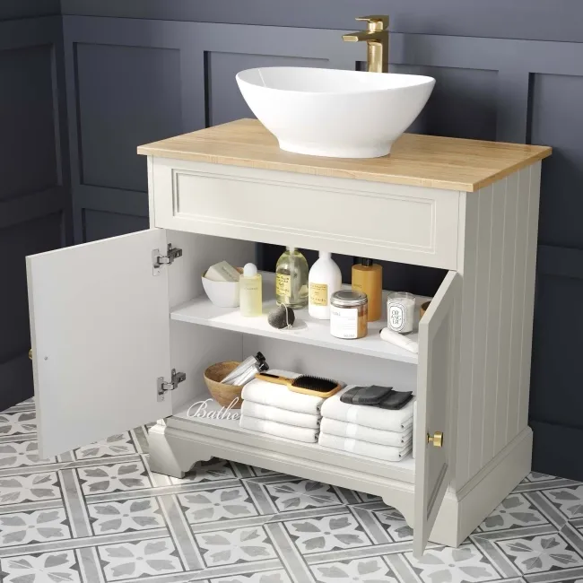 Lucia Chalk White Vanity with Oak Effect Top & Oval Counter Top Basin 840mm - Brushed Brass Accents
