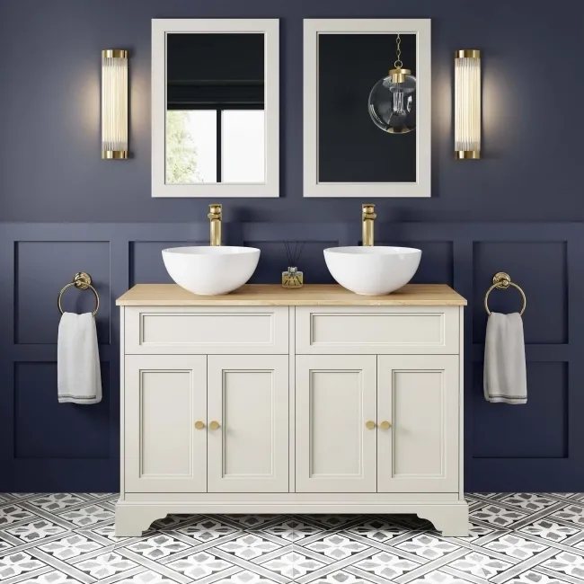 Lucia Chalk White Double Vanity with Oak Effect Top & Round Counter Top Basin 1200mm - Brushed Brass Accents
