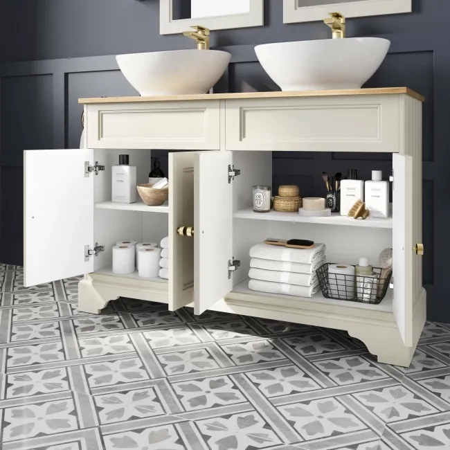 Lucia Chalk White Double Vanity with Oak Effect Top & Oval Counter Top Basin 1200mm - Brushed Brass Accents
