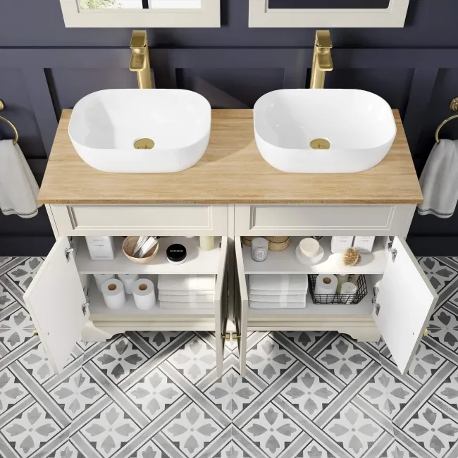 Lucia Chalk White Double Vanity with Oak Effect Top & Curved Counter Top Basin 1200mm - Brushed Brass Accents