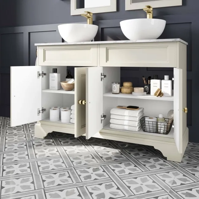 Lucia Chalk White Double Vanity with Marble Top & Round Counter Top Basin 1200mm - Brushed Brass Accents