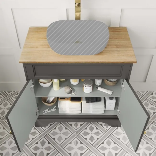 Lucia Graphite Grey Cabinet with Oak Effect Top 840mm (Excludes Counter Top Basin) - Brushed Brass Accents