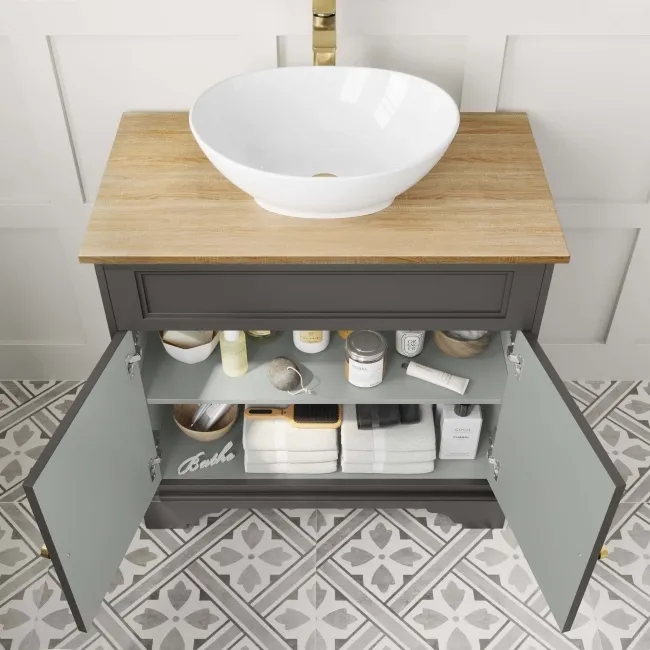 Lucia Graphite Grey Vanity with Oak Effect Top & Oval Counter Top Basin 840mm - Brushed Brass Accents