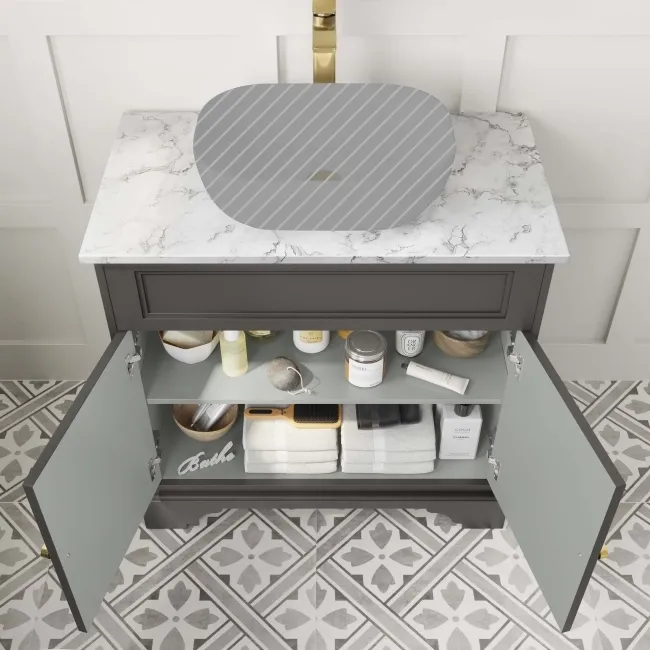 Lucia Graphite Grey Cabinet with Marble Top 840mm (Excludes Counter Top Basin) - Brushed Brass Accents