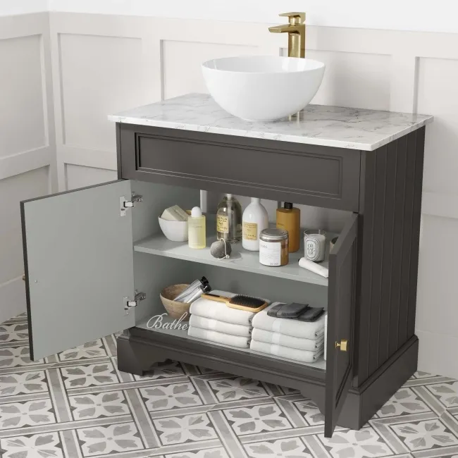 Lucia Graphite Grey Vanity with Marble Top & Round Counter Top Basin 840mm - Brushed Brass Accents