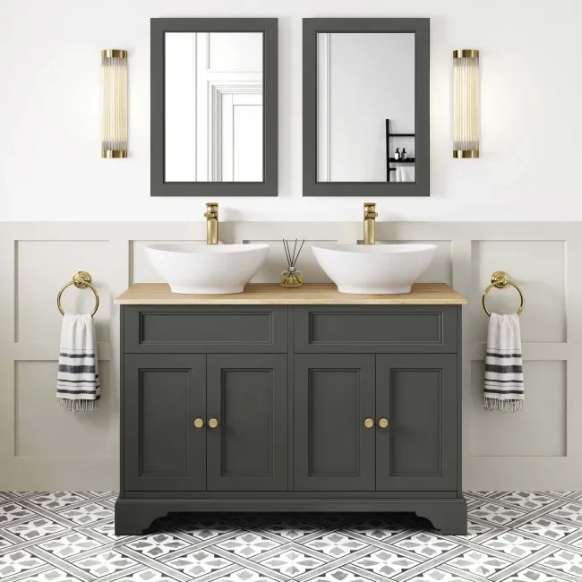 Lucia Graphite Grey Double Vanity with Oak Effect Top & Oval Counter Top Basin 1200mm - Brushed Brass Accents