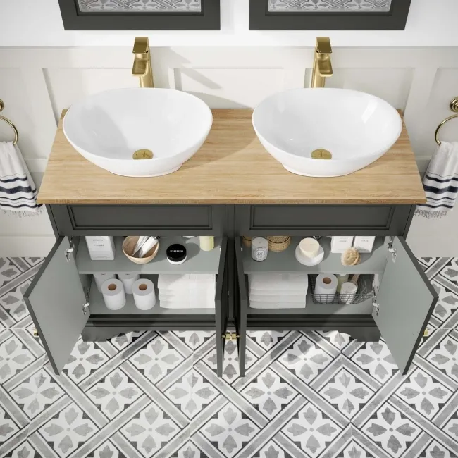 Lucia Graphite Grey Double Vanity with Oak Effect Top & Oval Counter Top Basin 1200mm - Brushed Brass Accents