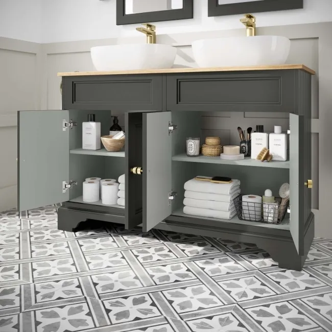 Lucia Graphite Grey Double Vanity with Oak Effect Top & Curved Counter Top Basin 1200mm - Brushed Brass Accents