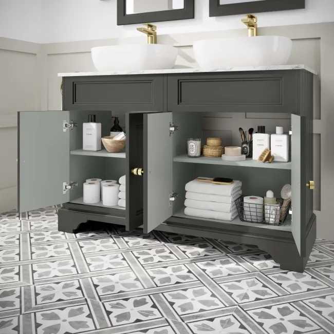 Lucia Graphite Grey Double Vanity with Marble Top & Curved Counter Top Basin 1200mm - Brushed Brass Accents