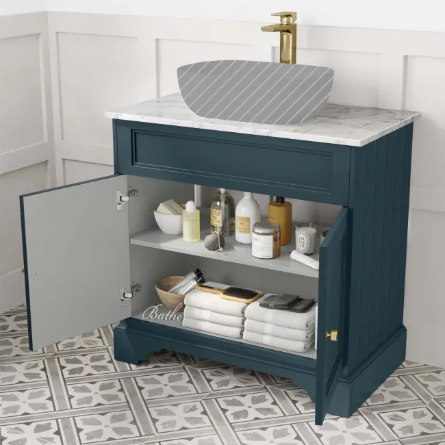 Lucia Inky Blue Cabinet with Marble Top 840mm (Excludes Counter Top Basin) - Brushed Brass Accents
