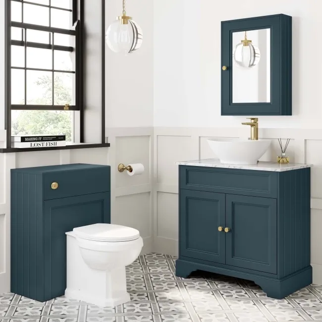 Lucia Inky Blue Vanity with Marble Top & Oval Counter Top Basin 840mm - Brushed Brass Accents