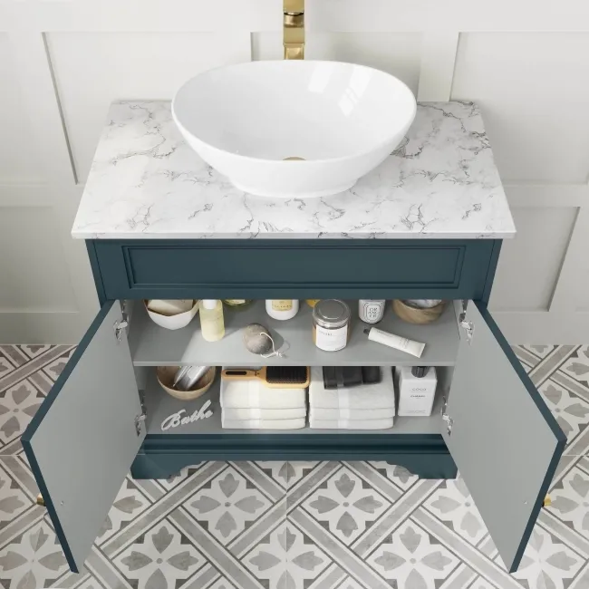 Lucia Inky Blue Vanity with Marble Top & Oval Counter Top Basin 840mm - Brushed Brass Accents