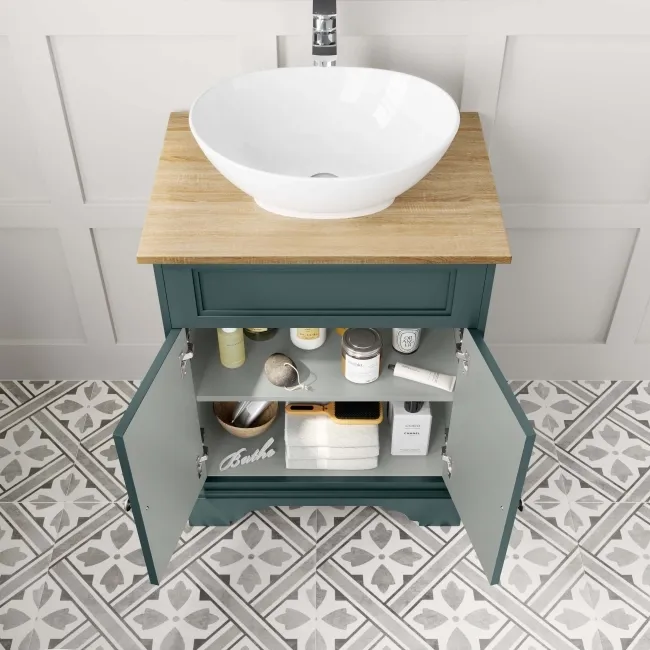 Lucia Midnight Green Vanity with Oak Effect Top & Oval Counter Top Basin 640mm