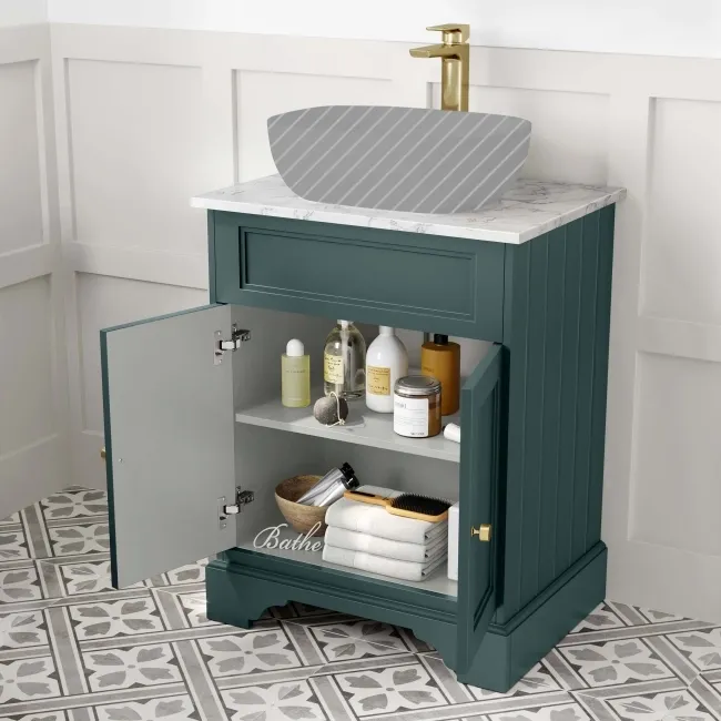 Lucia Midnight Green Cabinet with Marble Top 640mm (Excludes Counter Top Basin) - Brushed Brass Accents