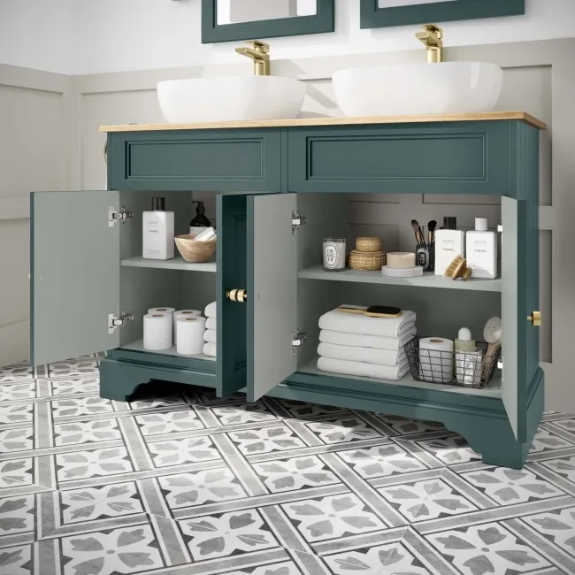 Lucia Midnight Green Double Vanity with Oak Effect Top & Curved Counter Top Basin 1200mm - Brushed Brass Accents
