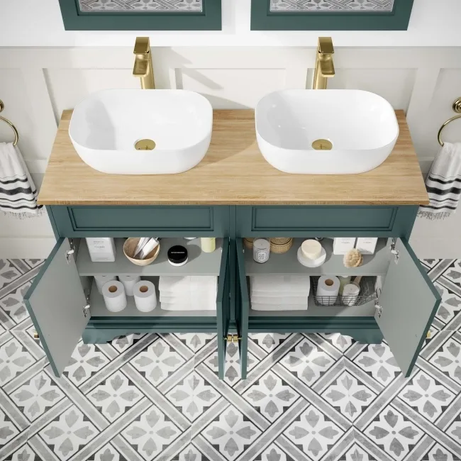 Lucia Midnight Green Double Vanity with Oak Effect Top & Curved Counter Top Basin 1200mm - Brushed Brass Accents