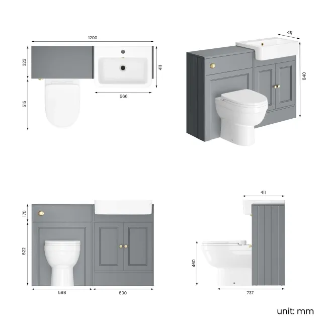Monaco Dove Grey Combination Vanity Basin and Seattle Toilet 1200mm - Brushed Brass Accents