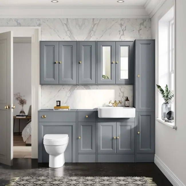 Monaco Dove Grey Combination Vanity Basin and Seattle Toilet 1500mm - Brushed Brass Accents