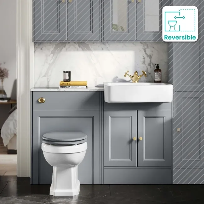 Monaco Dove Grey Combination Vanity Basin with Marble Top & Hudson Toilet with Wooden Seat 1200mm - Brushed Brass Accents