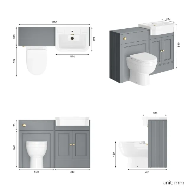 Monaco Dove Grey Combination Vanity Traditional Basin and Seattle Toilet 1200mm - Brushed Brass Accents