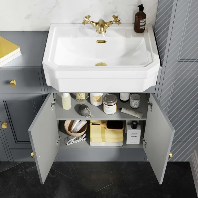 Monaco Dove Grey Combination Vanity Traditional Basin and Seattle Toilet 1500mm - Brushed Brass Accents