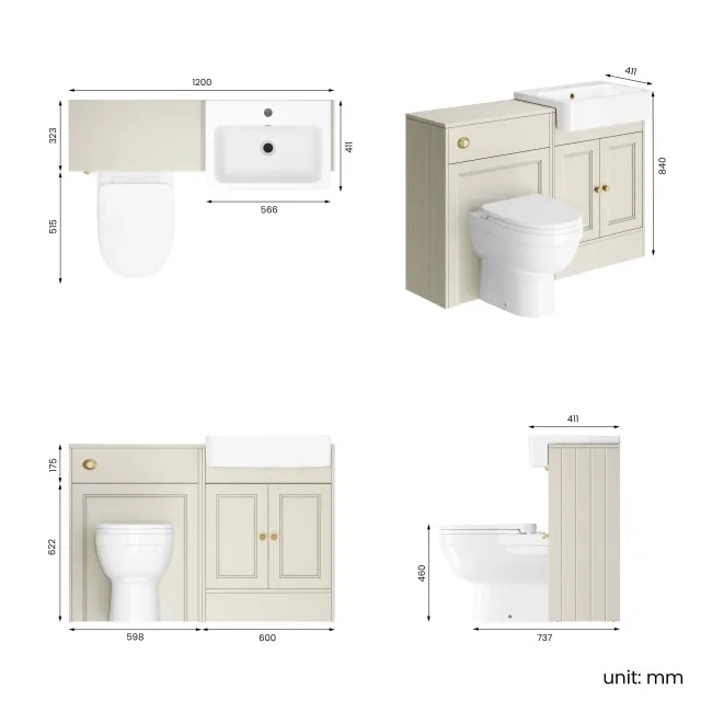 Monaco Chalk White Combination Vanity Basin and Seattle Toilet 1200mm - Brushed Brass Accents