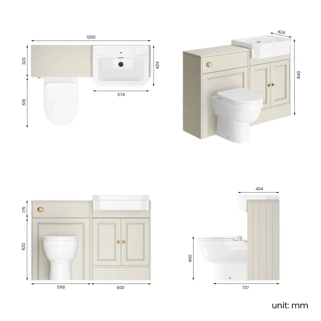Monaco Chalk White Combination Vanity Traditional Basin and Seattle Toilet 1200mm - Brushed Brass Accents
